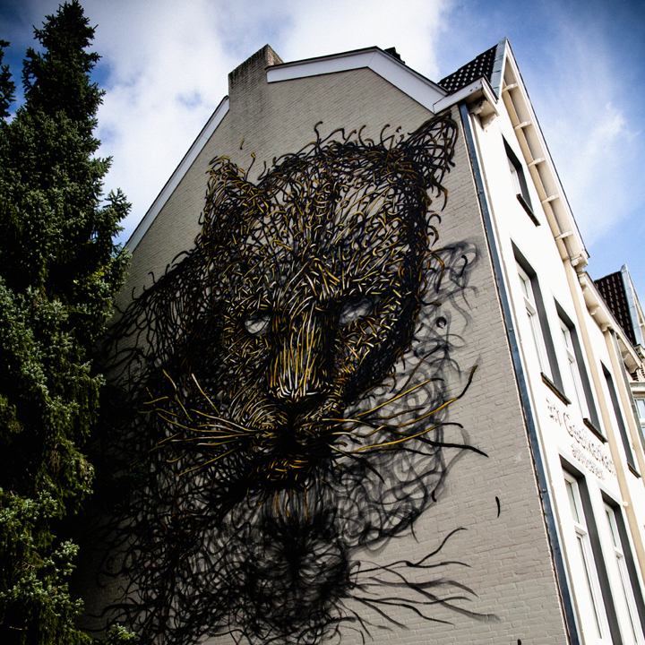 Street Art in Heerlen van een panter, aan de zijkant van een woonhuis