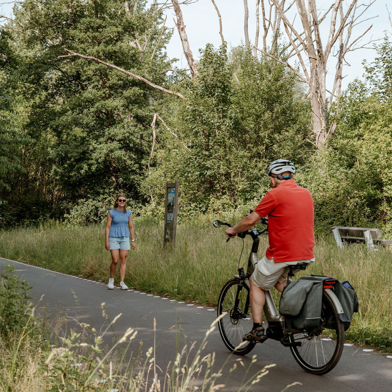 Dame wandelt op Parkstadroute en meneer fiets voorbij.