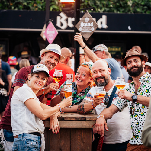 Een groepje mensen op Pinkpop die genieten van een limited edition Brand bier