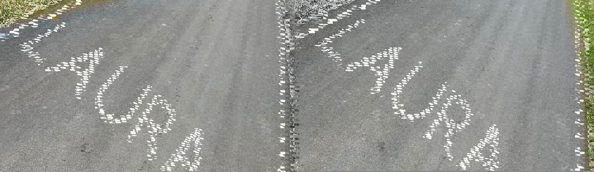 Een met witte stippen gevormde naam Laura op het fietspad van de Parkstadroute. 