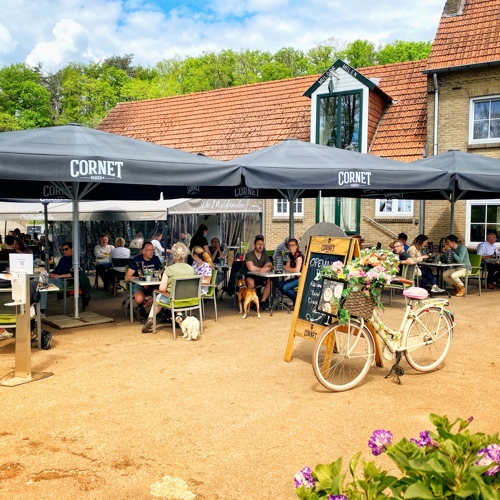 Terras onder parasols met een versierde fiets op de voorgrond. 